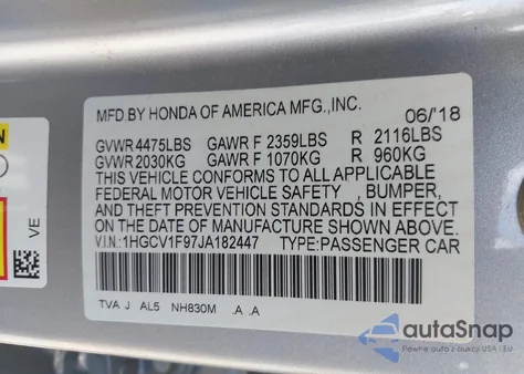 2018 Honda Accord Touring z USA, uszkodzony, nr VIN 1HGCV1F97JA182447